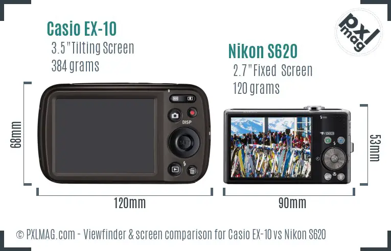 Casio EX-10 vs Nikon S620 Screen and Viewfinder comparison
