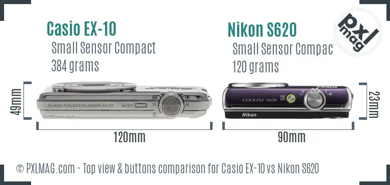 Casio EX-10 vs Nikon S620 top view buttons comparison