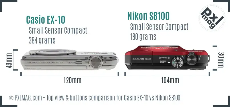Casio EX-10 vs Nikon S8100 top view buttons comparison