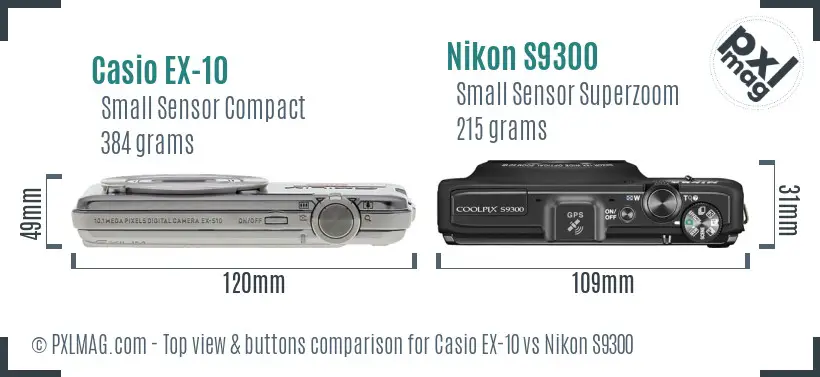 Casio EX-10 vs Nikon S9300 top view buttons comparison Casio EX-10 vs Nikon S9300 top view buttons comparison