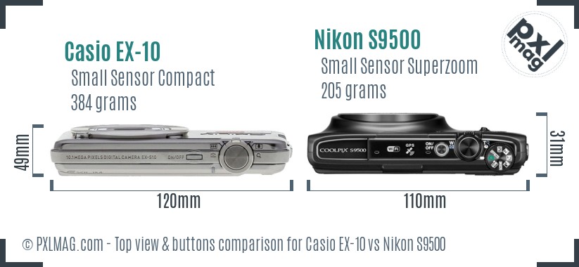Casio EX-10 vs Nikon S9500 top view buttons comparison