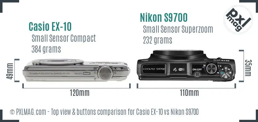 Casio EX-10 vs Nikon S9700 top view buttons comparison