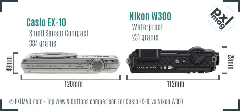 Casio EX-10 vs Nikon W300 top view buttons comparison