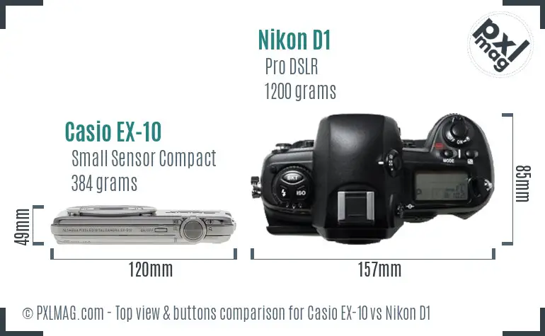Casio EX-10 vs Nikon D1 top view buttons comparison