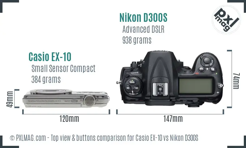 Casio EX-10 vs Nikon D300S top view buttons comparison