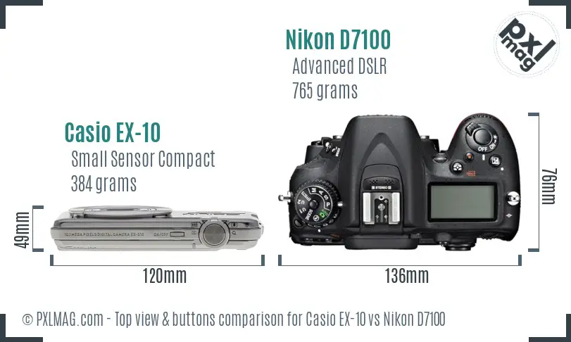 Casio EX-10 vs Nikon D7100 top view buttons comparison