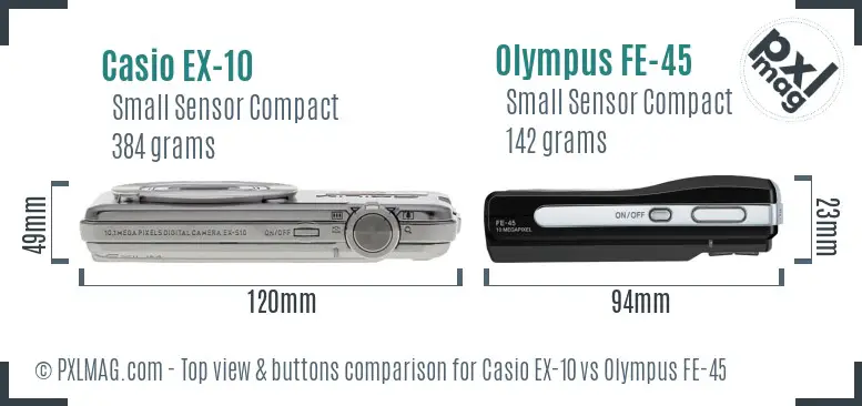 Casio EX-10 vs Olympus FE-45 top view buttons comparison