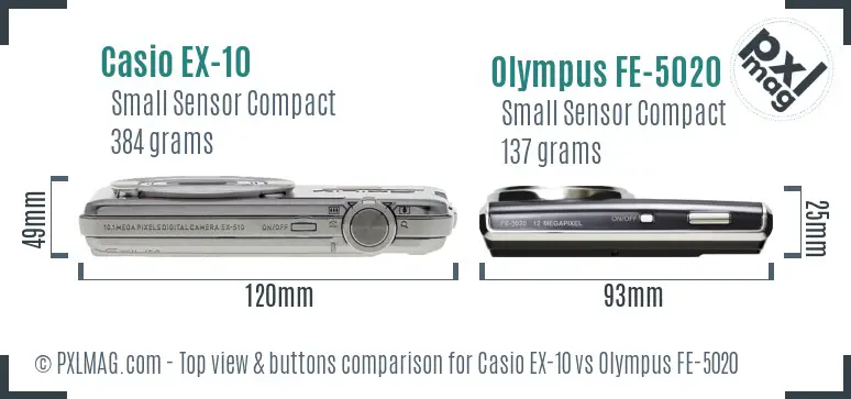 Casio EX-10 vs Olympus FE-5020 top view buttons comparison