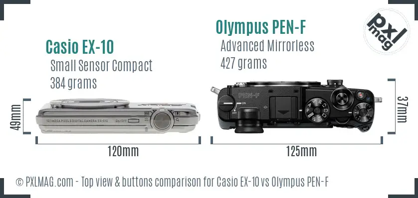 Casio EX-10 vs Olympus PEN-F top view buttons comparison