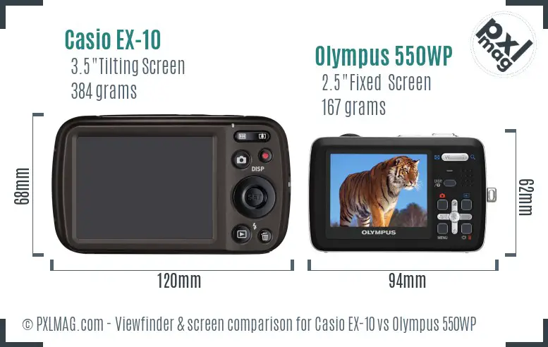 Casio EX-10 vs Olympus 550WP Screen and Viewfinder comparison