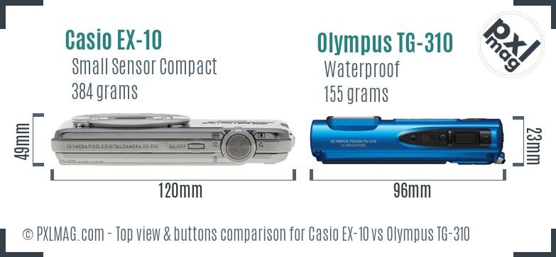 Casio EX-10 vs Olympus TG-310 top view buttons comparison
