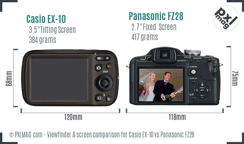Casio EX-10 vs Panasonic FZ28 Screen and Viewfinder comparison