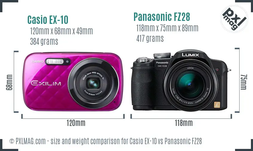 Casio EX-10 vs Panasonic FZ28 size comparison