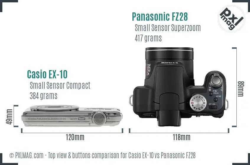 Casio EX-10 vs Panasonic FZ28 top view buttons comparison