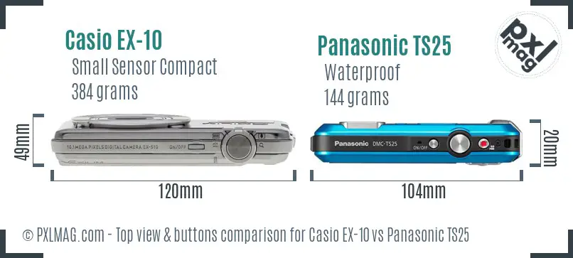 Casio EX-10 vs Panasonic TS25 top view buttons comparison Casio EX-10 vs Panasonic TS25 top view buttons comparison