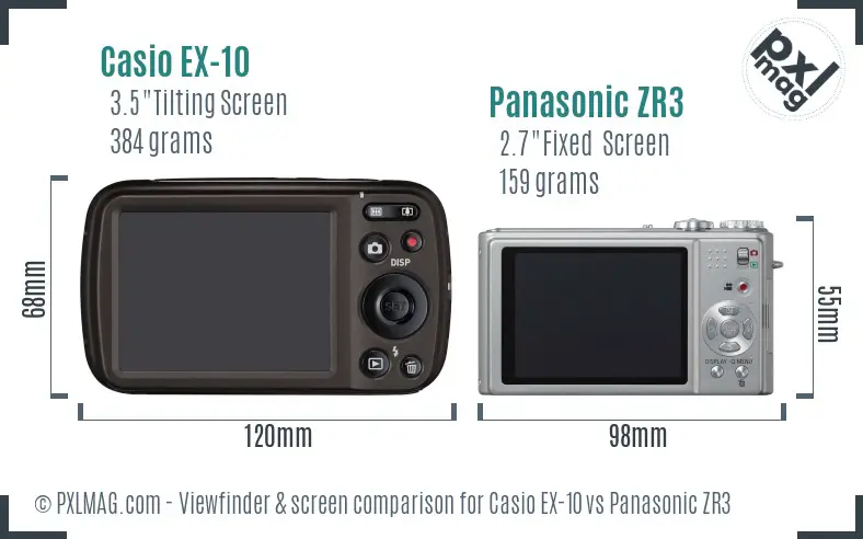 Casio EX-10 vs Panasonic ZR3 Screen and Viewfinder comparison