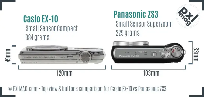 Casio EX-10 vs Panasonic ZS3 top view buttons comparison Casio EX-10 vs Panasonic ZS3 top view buttons comparison