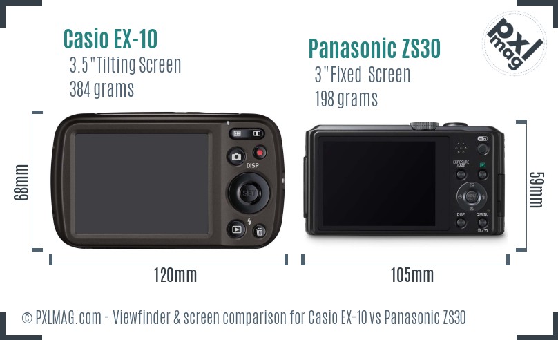 Casio EX-10 vs Panasonic ZS30 Screen and Viewfinder comparison