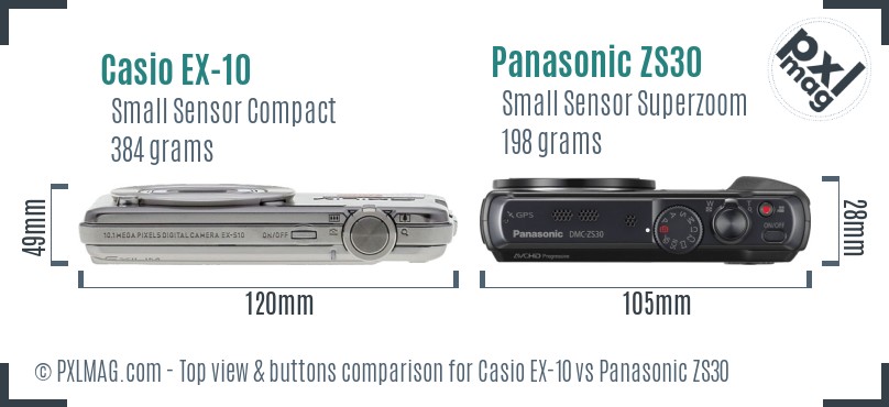 Casio EX-10 vs Panasonic ZS30 top view buttons comparison
