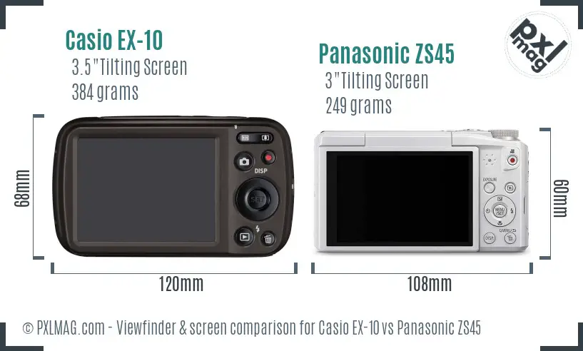 Casio EX-10 vs Panasonic ZS45 Screen and Viewfinder comparison