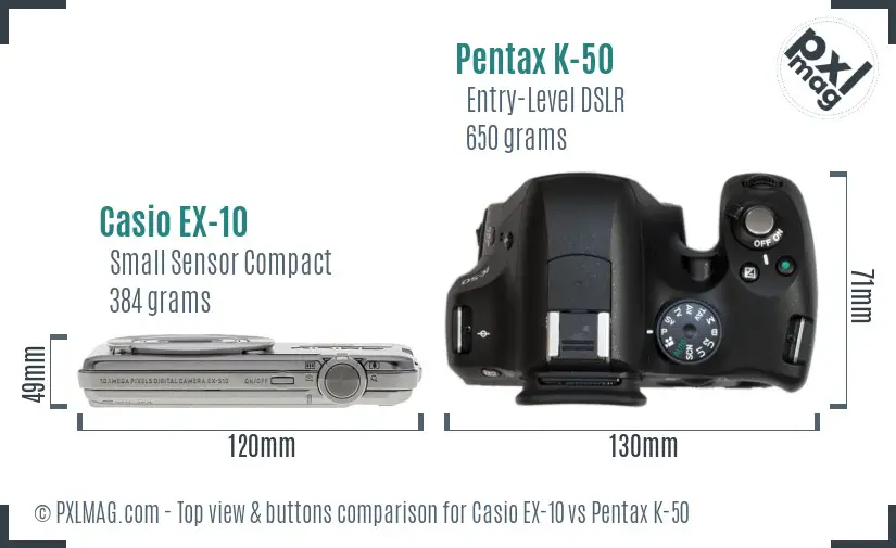 Casio EX-10 vs Pentax K-50 top view buttons comparison