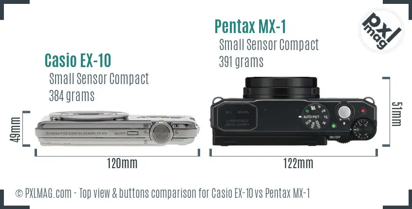 Casio EX-10 vs Pentax MX-1 top view buttons comparison