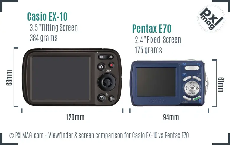 Casio EX-10 vs Pentax E70 Screen and Viewfinder comparison