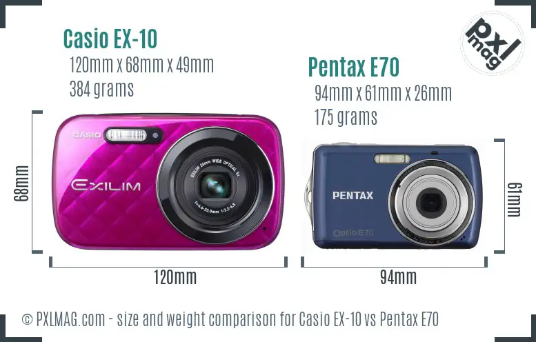 Casio EX-10 vs Pentax E70 size comparison