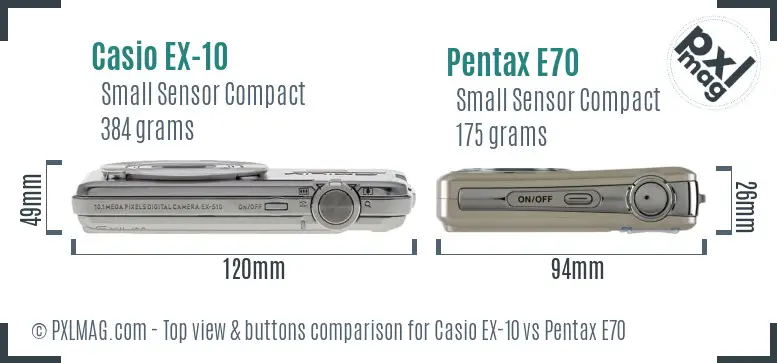 Casio EX-10 vs Pentax E70 top view buttons comparison