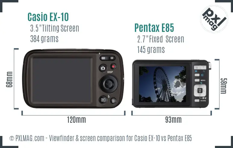 Casio EX-10 vs Pentax E85 Screen and Viewfinder comparison