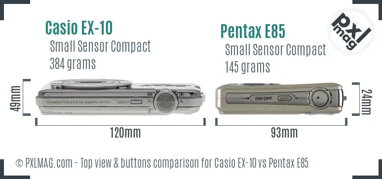 Casio EX-10 vs Pentax E85 top view buttons comparison
