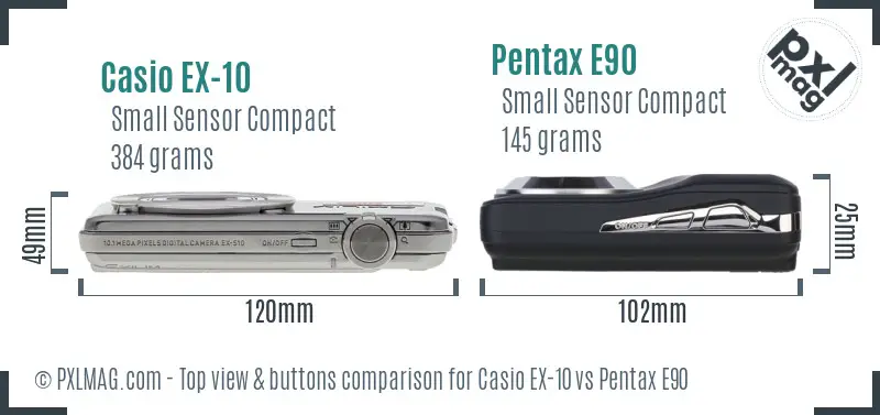 Casio EX-10 vs Pentax E90 top view buttons comparison
