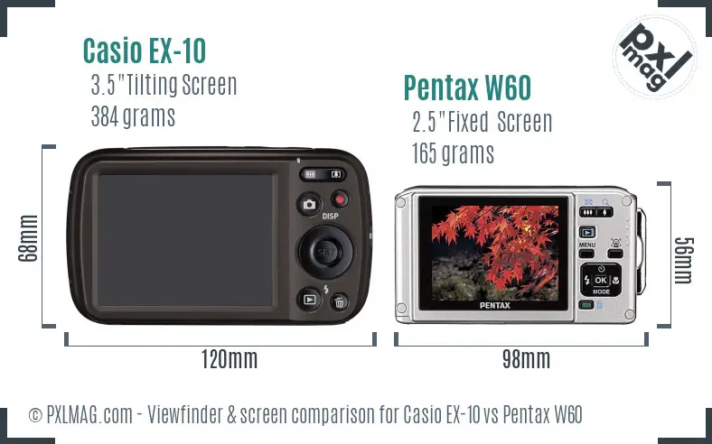 Casio EX-10 vs Pentax W60 Screen and Viewfinder comparison