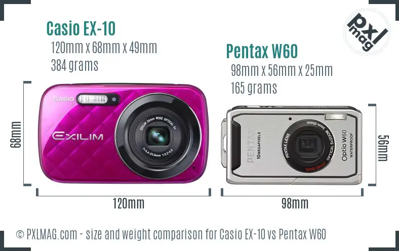 Casio EX-10 vs Pentax W60 size comparison