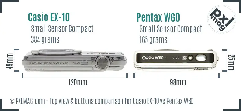 Casio EX-10 vs Pentax W60 top view buttons comparison