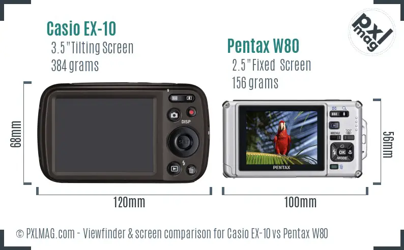 Casio EX-10 vs Pentax W80 Screen and Viewfinder comparison