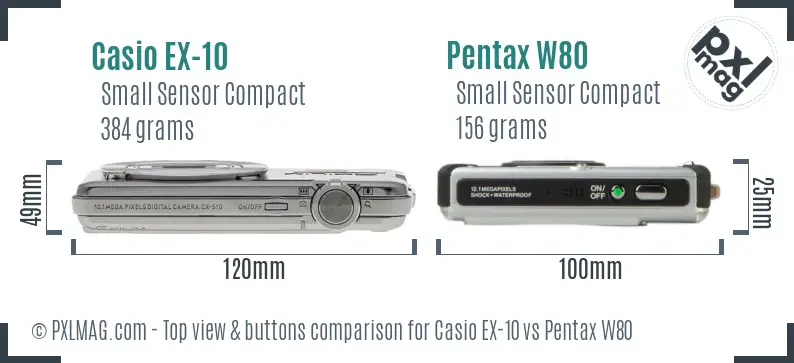 Casio EX-10 vs Pentax W80 top view buttons comparison
