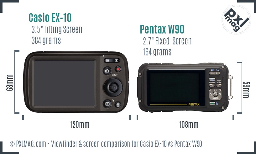 Casio EX-10 vs Pentax W90 Screen and Viewfinder comparison