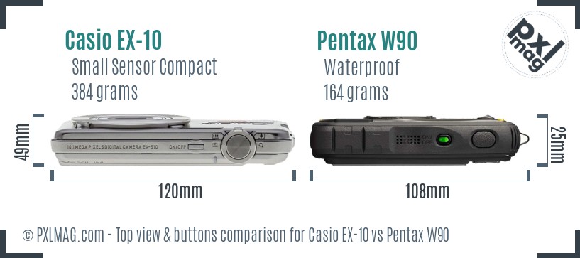 Casio EX-10 vs Pentax W90 top view buttons comparison