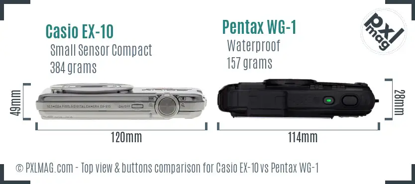 Casio EX-10 vs Pentax WG-1 top view buttons comparison Casio EX-10 vs Pentax WG-1 top view buttons comparison
