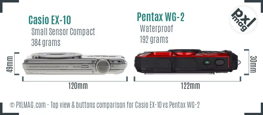 Casio EX-10 vs Pentax WG-2 top view buttons comparison