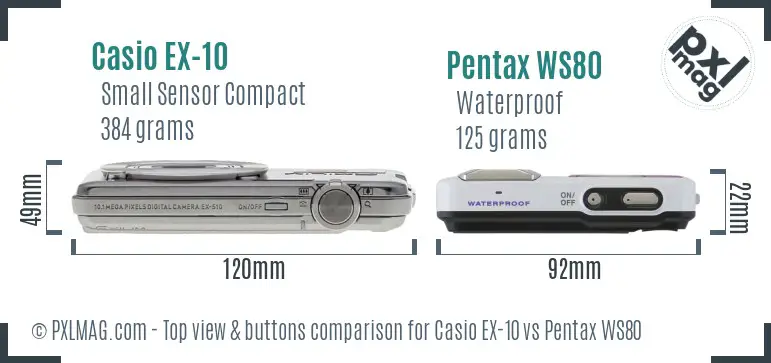 Casio EX-10 vs Pentax WS80 top view buttons comparison