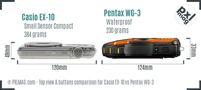 Casio EX-10 vs Pentax WG-3 top view buttons comparison