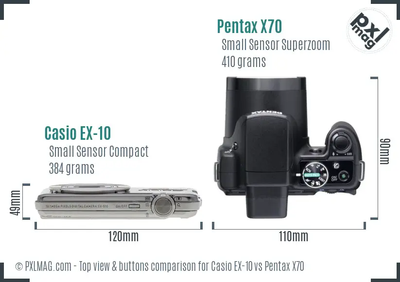 Casio EX-10 vs Pentax X70 top view buttons comparison