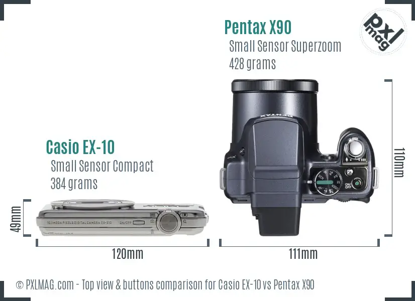 Casio EX-10 vs Pentax X90 top view buttons comparison