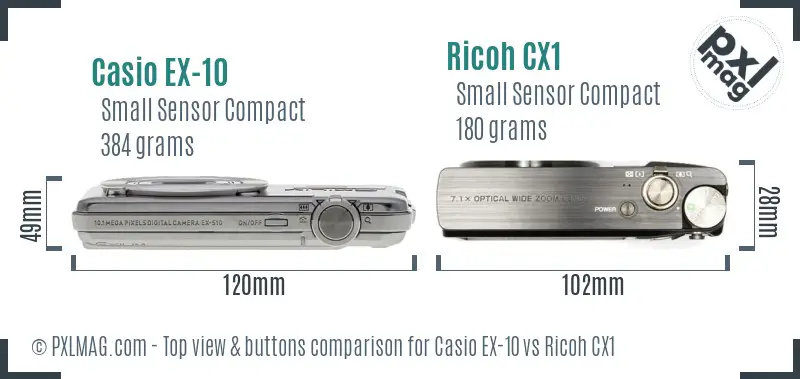 Casio EX-10 vs Ricoh CX1 top view buttons comparison