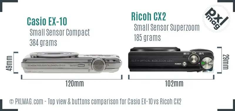 Casio EX-10 vs Ricoh CX2 top view buttons comparison