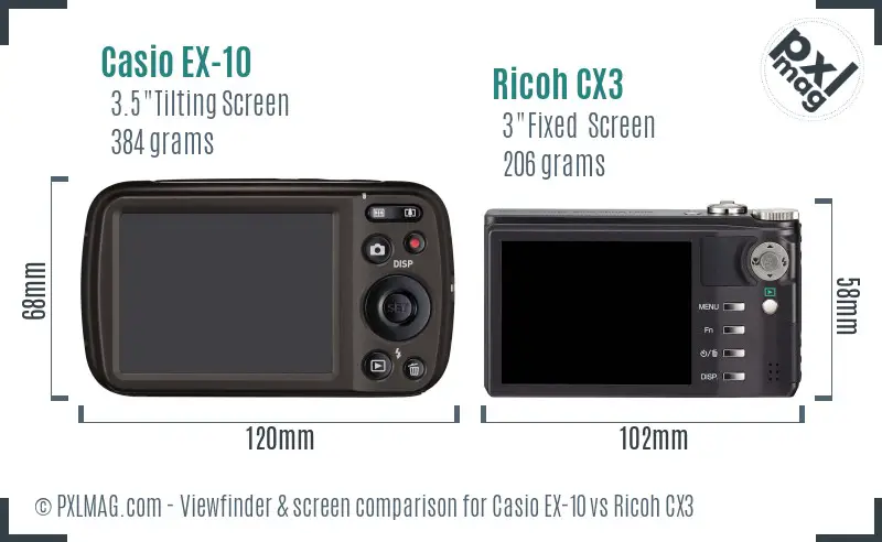 Casio EX-10 vs Ricoh CX3 Screen and Viewfinder comparison