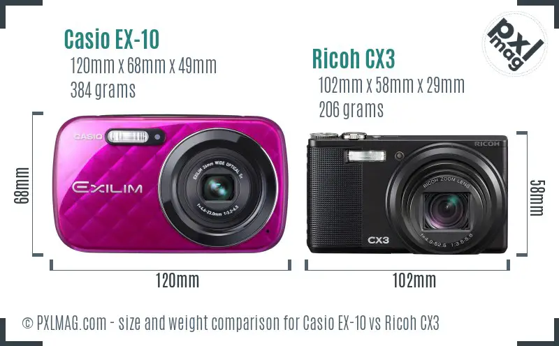 Casio EX-10 vs Ricoh CX3 size comparison