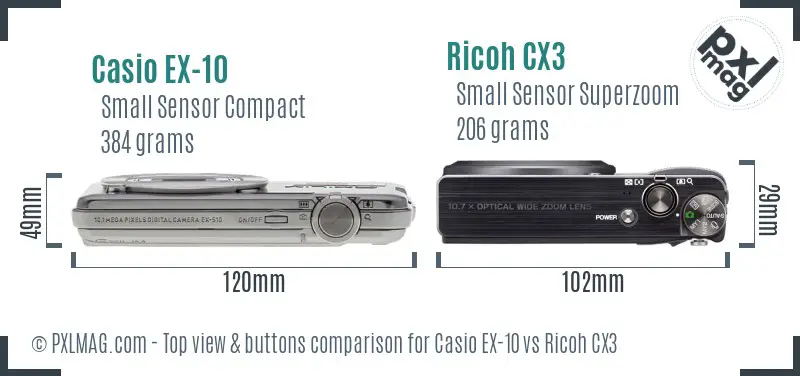 Casio EX-10 vs Ricoh CX3 top view buttons comparison